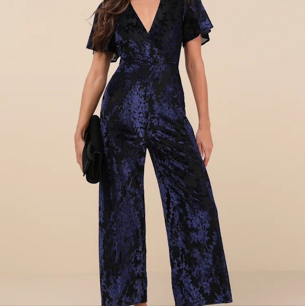 Lulu's Black & Deep Blue Velvet Floral Jumpsuit